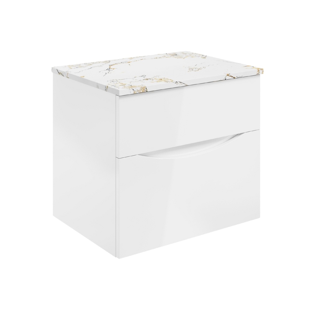 Product Cut out image of the Crosswater Glide II White Gloss 600mm Double Drawer Unit with Gold Vein Worktop